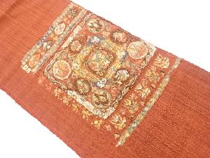 リサイクル　手織り紬抽象草花模様織出し名古屋帯